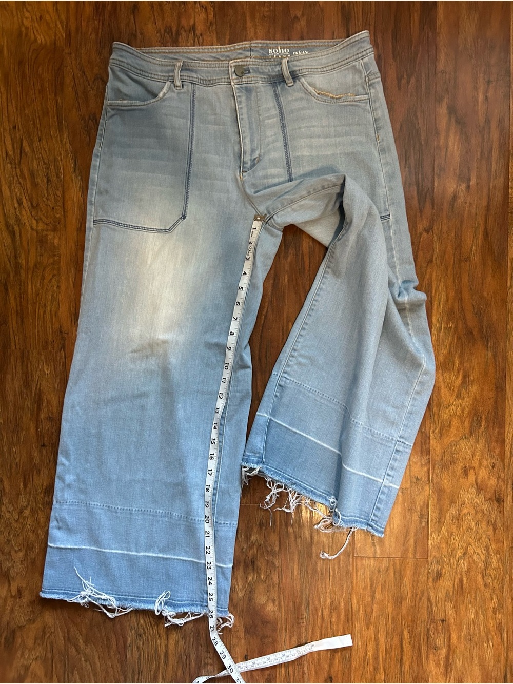 Light Blue Wide Leg Distressed Jeans Culottes with Frayed Hem - Picture 10 of 13